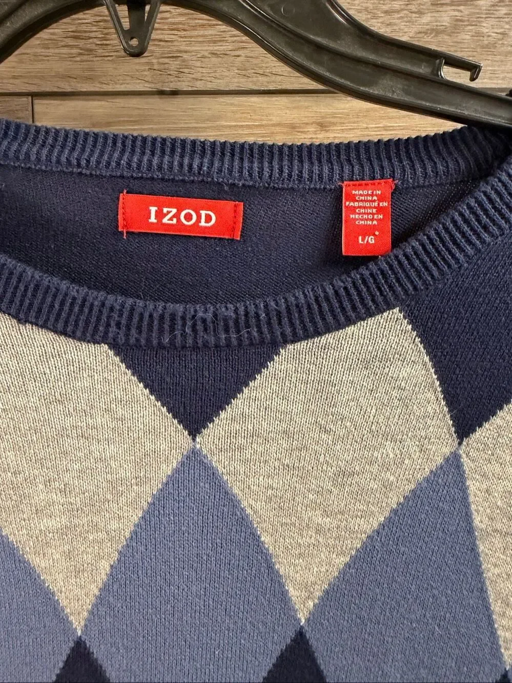 IZOD Men’s Large 100% Cotton Argyle Crewneck Knit Sweater Blue Classic Preppy